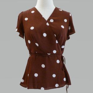Ann Taylor Brown Polka Dot Wrap Top with White Dots